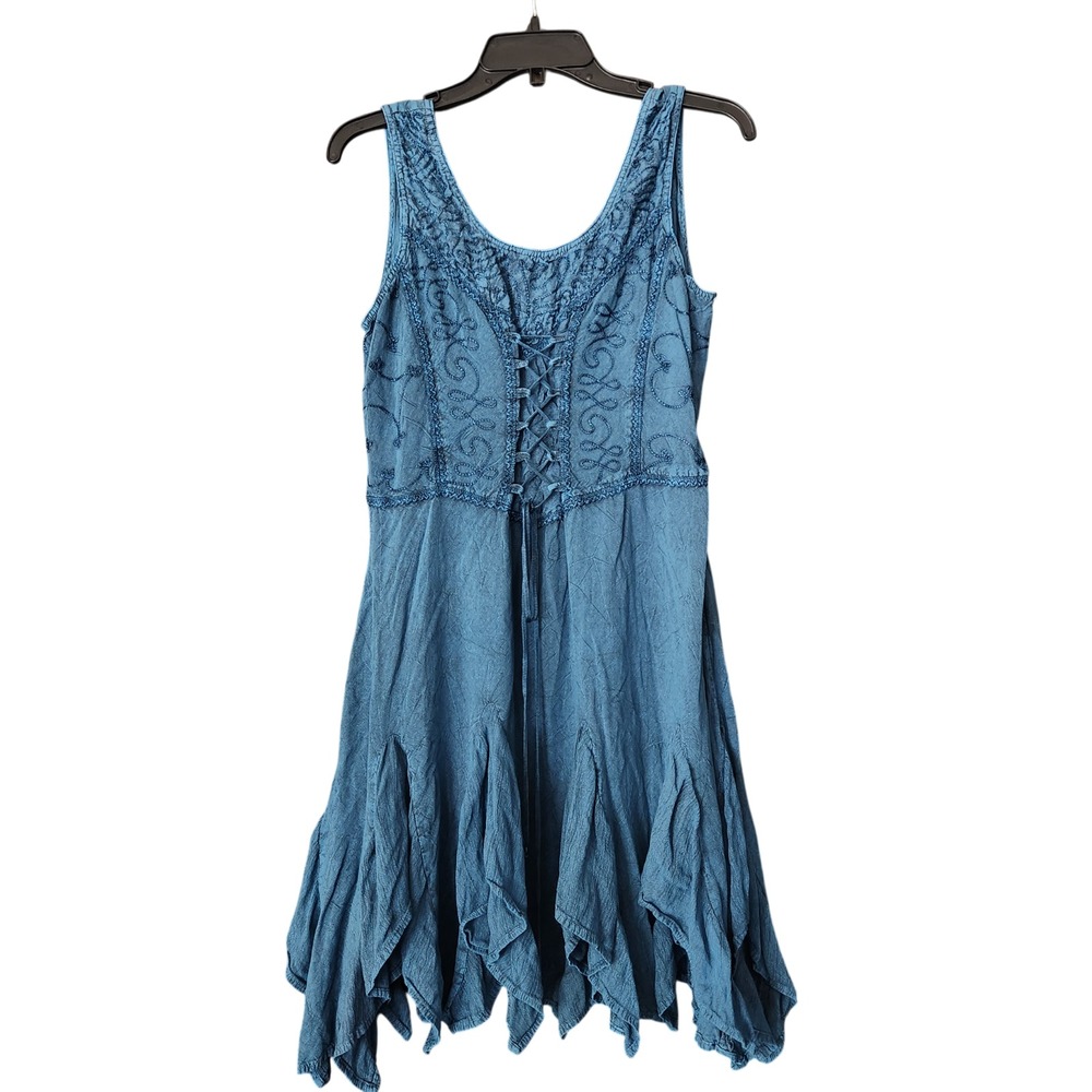Just Cruising Cottagecore Blue Lace Up Front Dress Embroidered Whimsigoths Smock - Picture 2 of 10